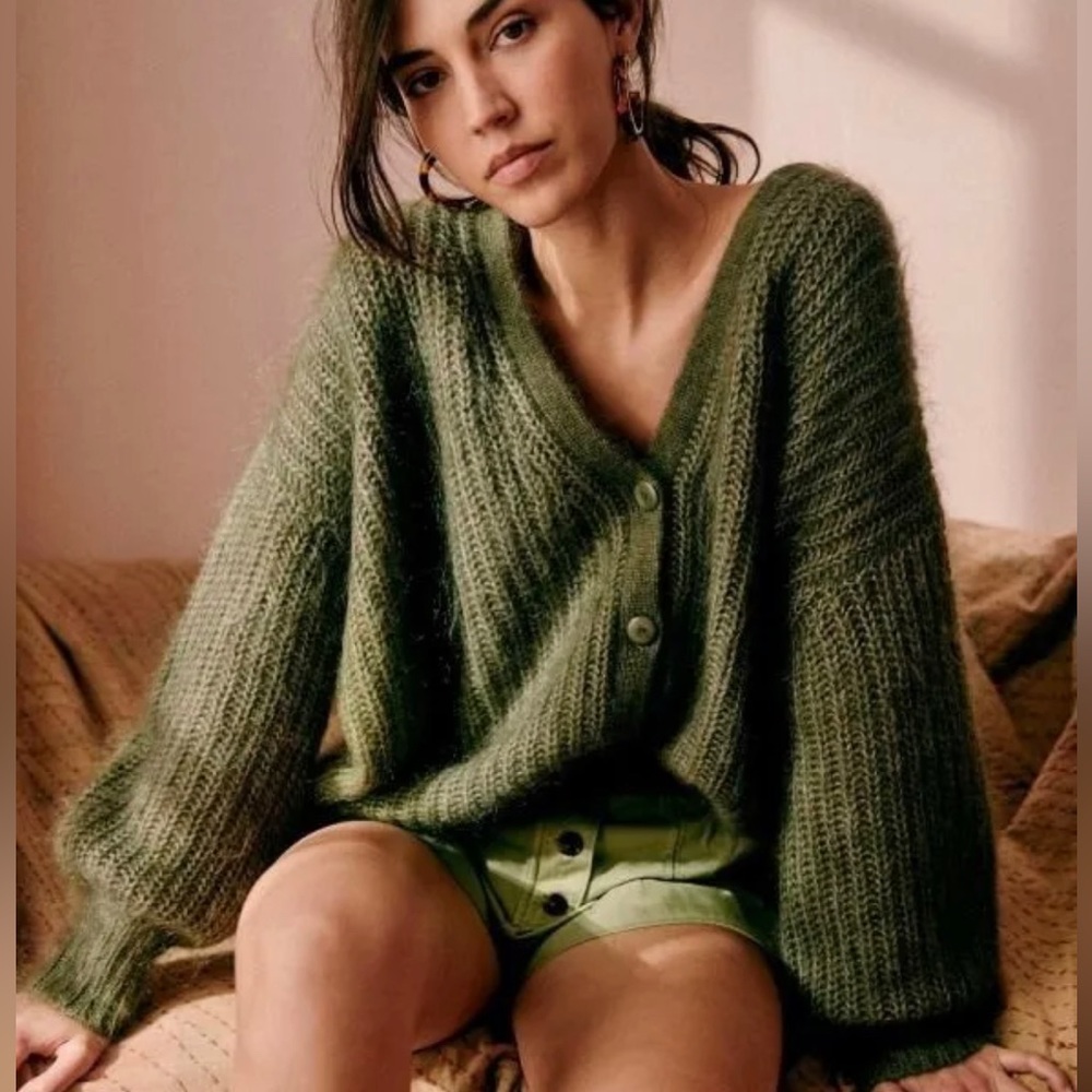 Sezane Achile Sweater Cardigan Khaki Green - Medium